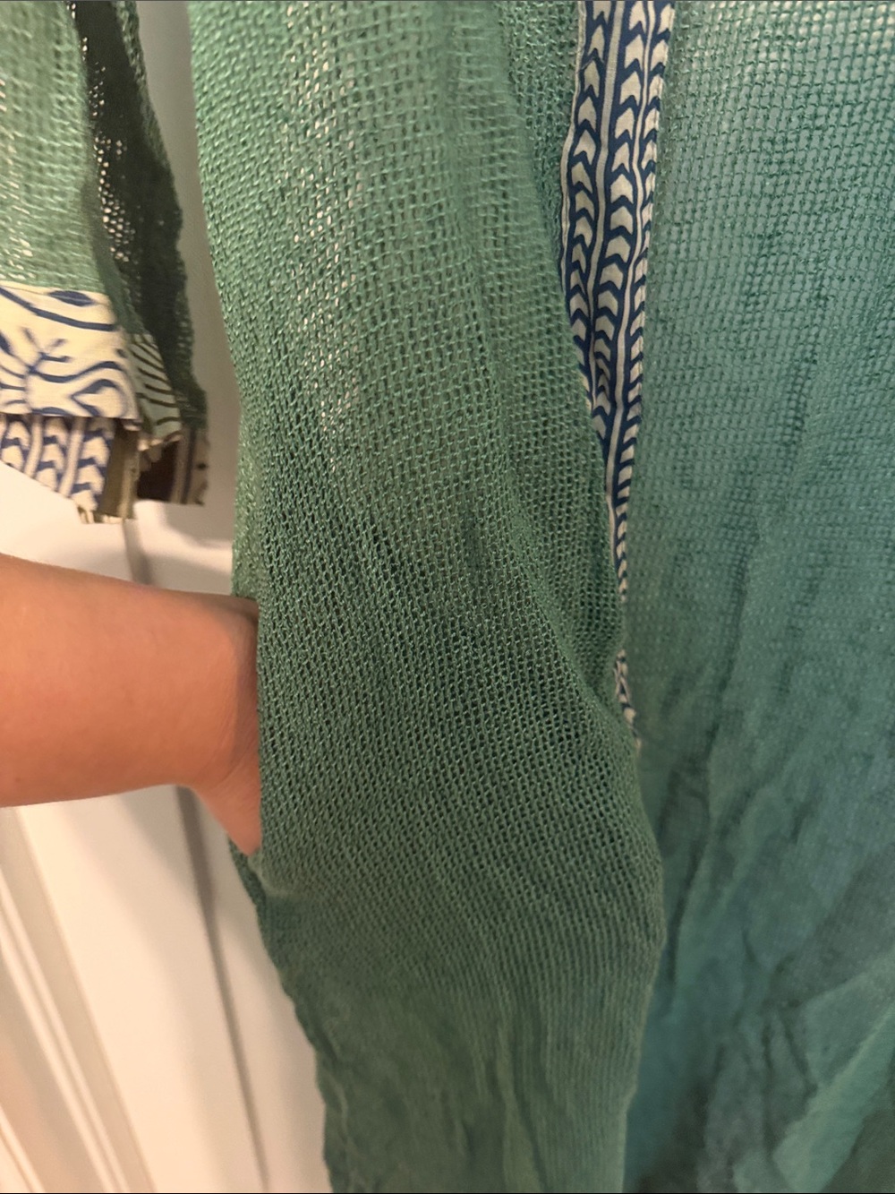 Karma Highway Loose Knit Green Open-Front Swim Coverup Kimono with Printed Trim - Picture 13 of 13